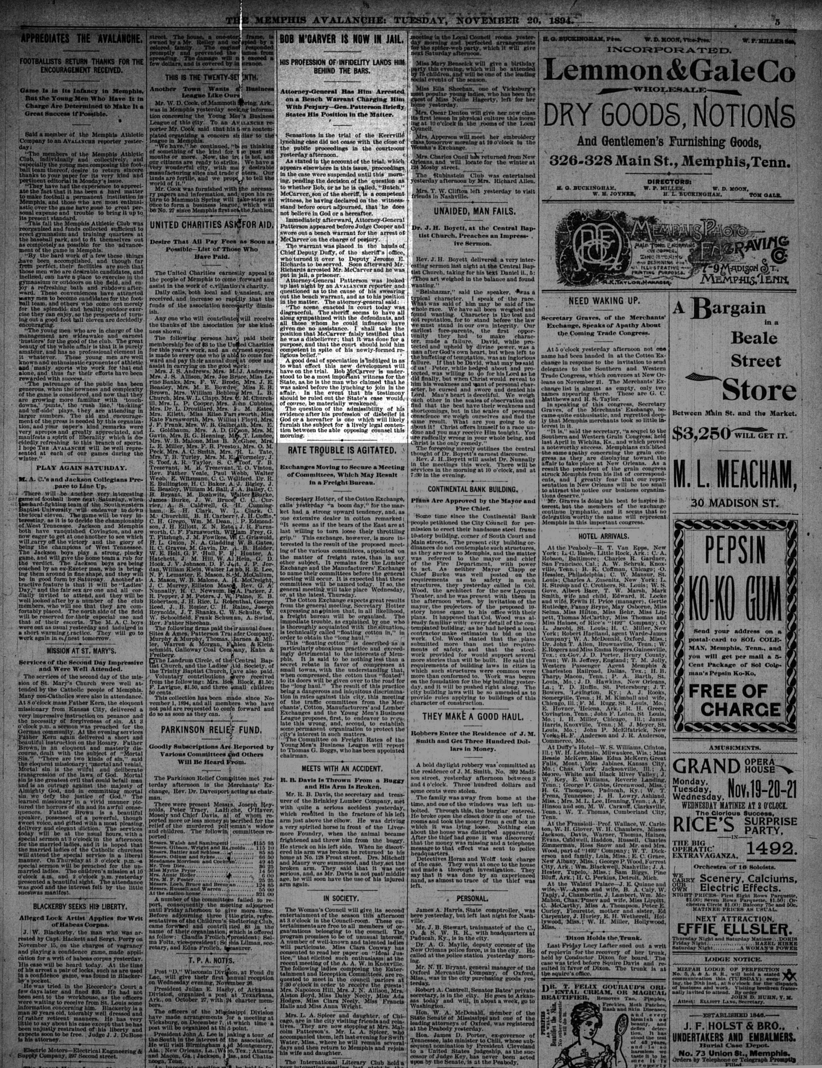 Memphis Avalanche, 11/20/1894